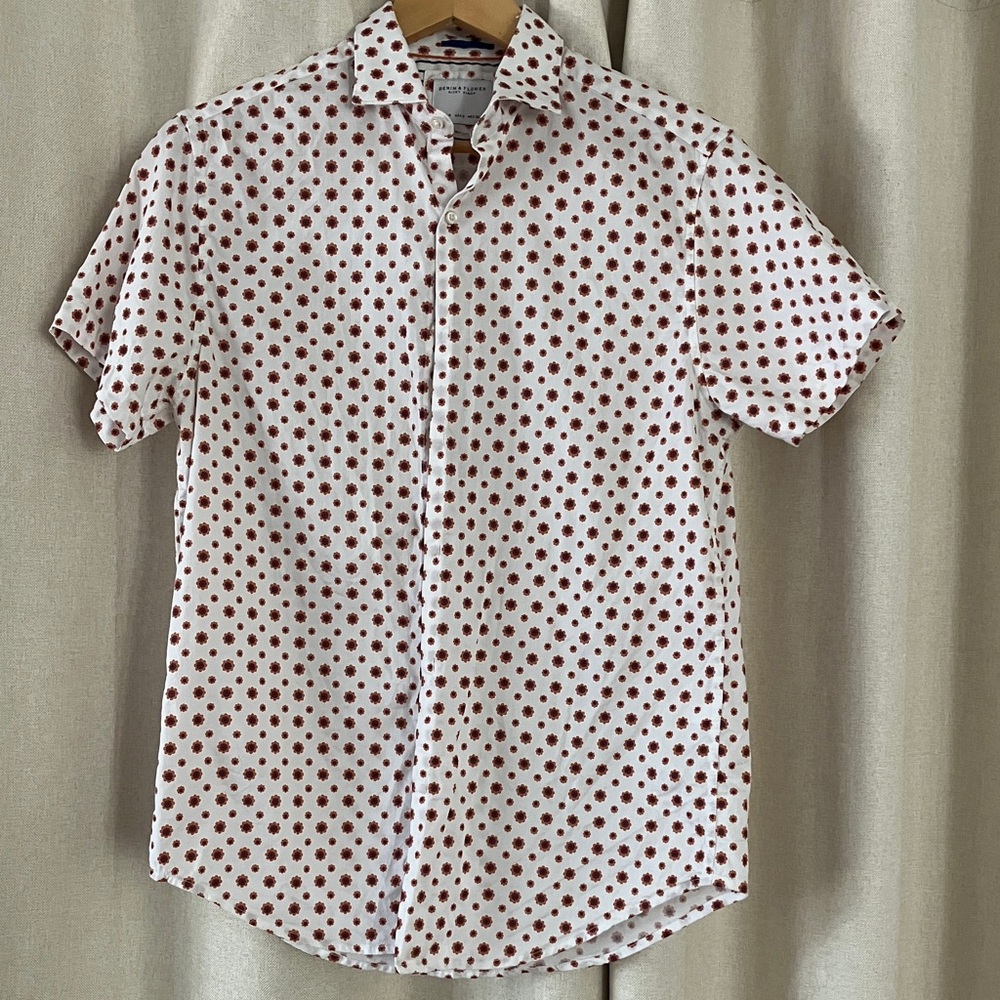 Denim & Flower White Shirt with Red Dots